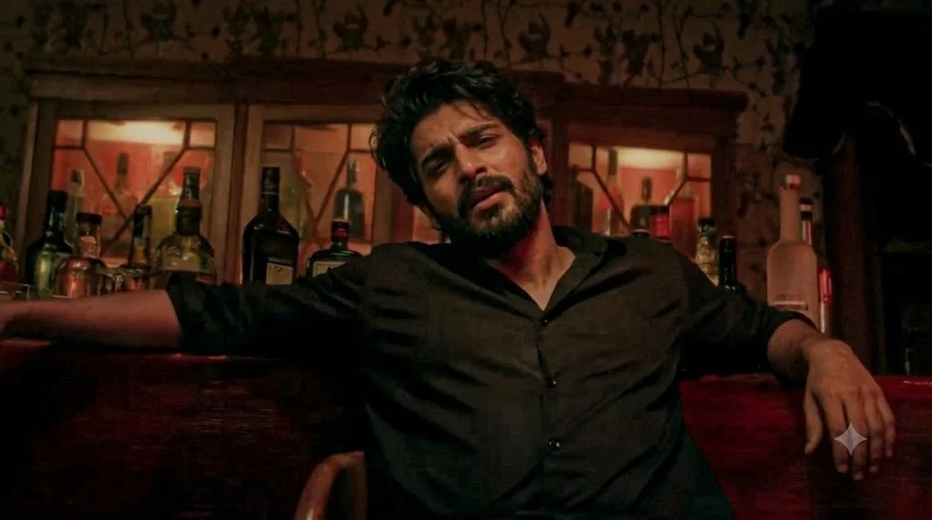 A cinematic, filmic indoor snapshot capturing a candid medium shot of a South Asian man in his late 20s to early 30s sitting slumped and exhausted against a rustic wooden bar counter. He leans back with both arms lazily resting along the bar surface, his head tilted back slightly in weariness. He ha