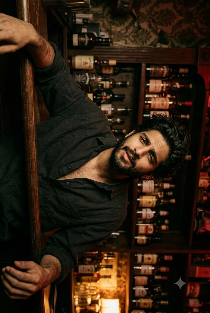 A cinematic, filmic indoor snapshot capturing a candid medium shot of a South Asian man in his late 20s to early 30s sitting slumped and exhausted against a rustic wooden bar counter. He leans back with both arms lazily resting along the bar surface, his head tilted back slightly in weariness. He ha