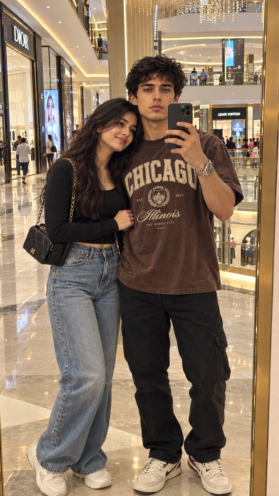 couple selfie poses in mall ai prompt