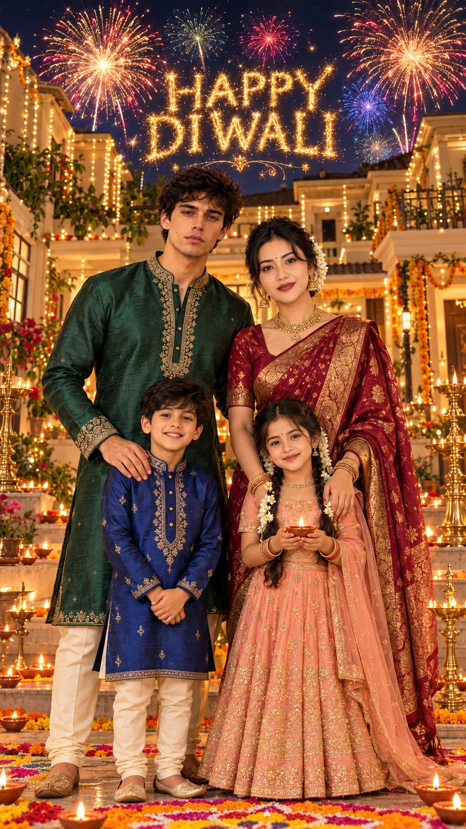 Prompt: Ultra-Realistic 4K Cinematic Diwali Family Portrait | Indian Husband, Wife, One Son & One Daughter | Traditional Royal Ethnic Wear | Beautiful Diwali Home | Glowing Diyas | Colorful Fireworks | Golden “HAPPY DIWALI” Sky | 9:16 Vertical Frame

Create an incredibly photorealistic, ultra-detail