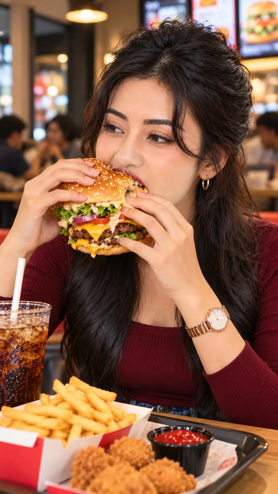 Women burger eating prompt