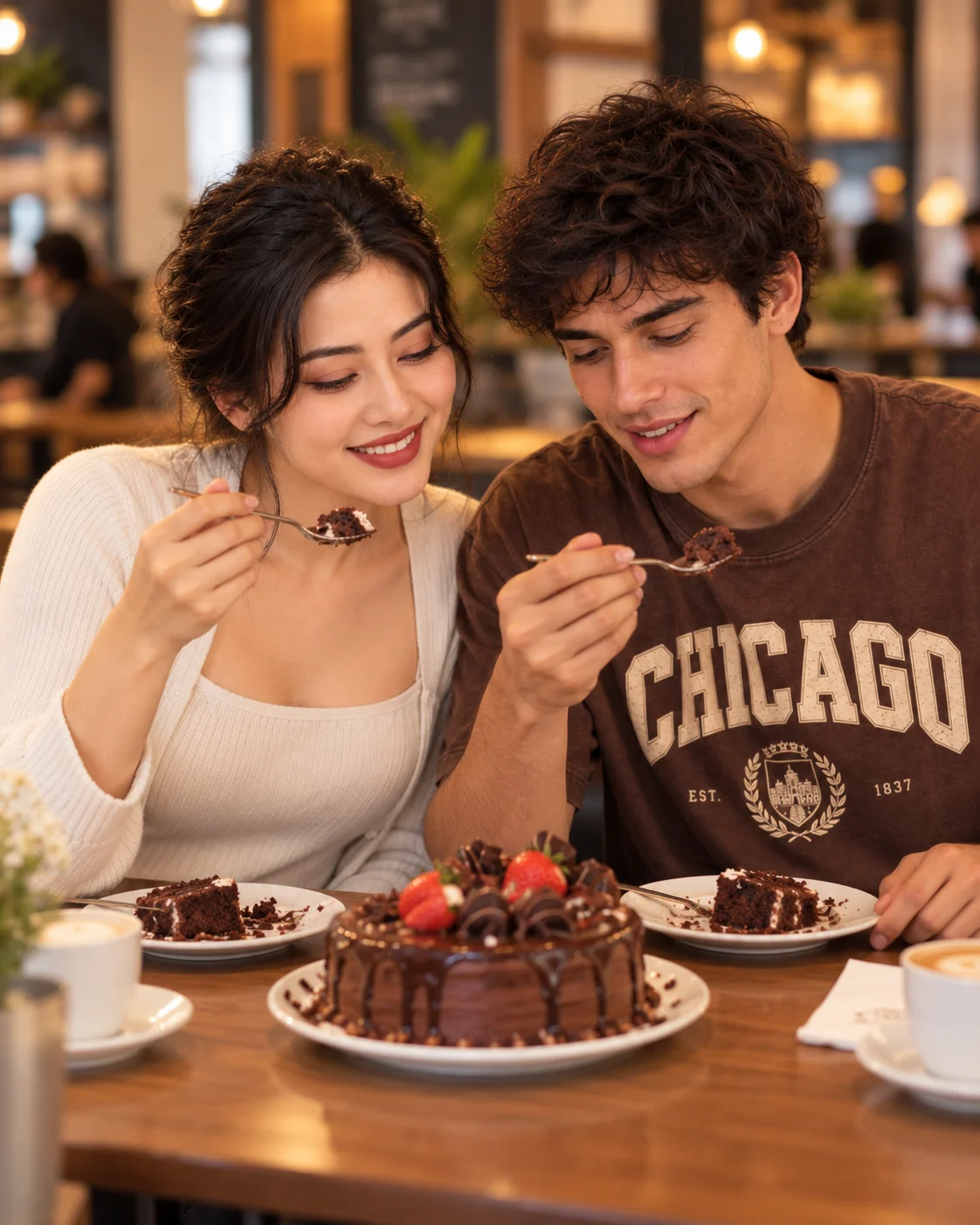 Prompt: Ultra-Realistic 4K Romantic Couple Portrait Eating Chocolate Cake Together — Natural Happiness, Side-by-Side Seating & Cozy Café Aesthetic

Create an incredibly photorealistic, high-resolution 4K photograph of a young couple sitting side by side at a wooden table inside a cozy, beautifully d