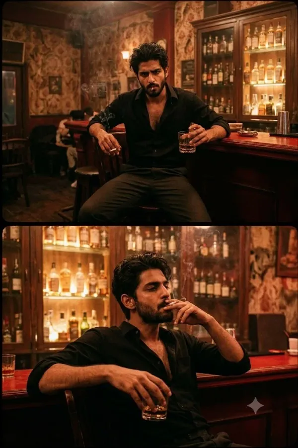 A filmic, gritty cinematic 35mm photograph of two split-panel stacked frames, capturing a candid, dramatic scene in a dimly lit vintage bar. High-contrast natural lighting, heavy shadow, warm red-orange highlights, and film grain.
Top panel: Wide-angle medium shot. A South Asian man in his 30s with