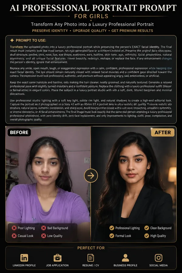 AI Professional Portrait Prompt for Girls – Luxury Executive Headshot (2026)