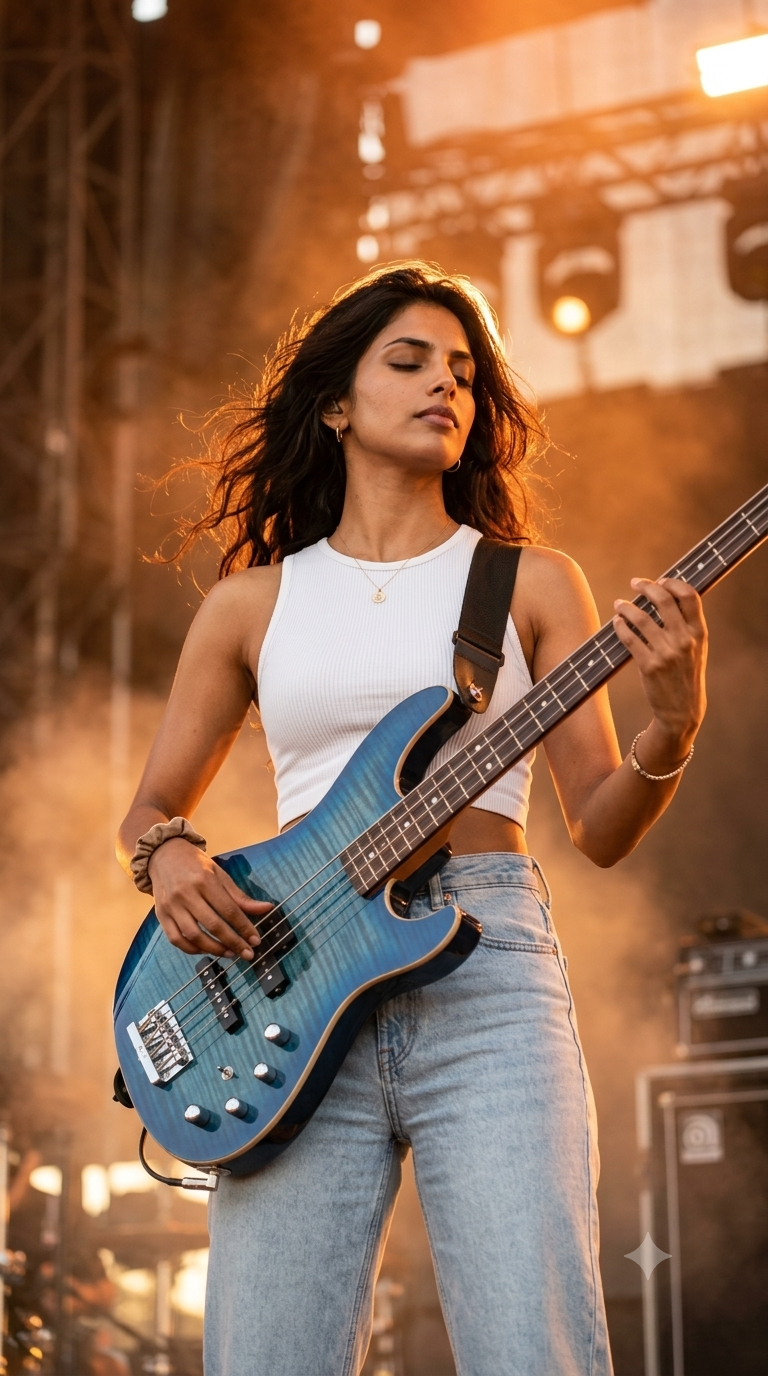 Ai prompt for Female Bass Guitarist Live in Concert | Golden Hour Photography