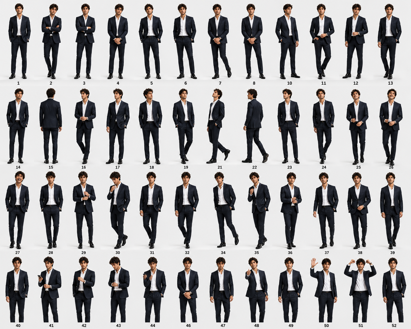 52 Male Business Model Poses Reference Sheet AI Prompt | Photorealistic